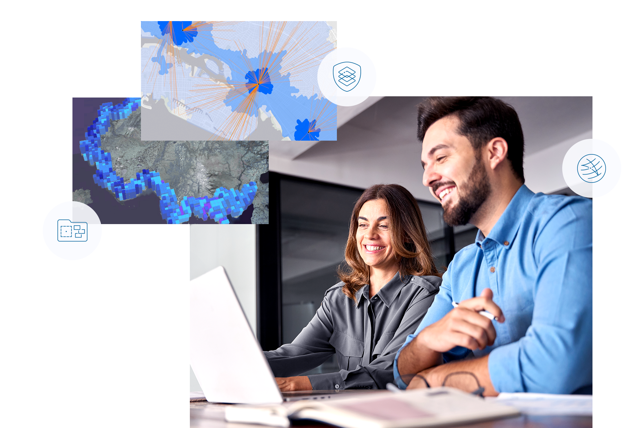 Zwei lächelnde Personen, die gemeinsam an einem Laptop arbeiten, umgeben mit grafischen Repräsentationen von Datenvisualisierungen, Sicherheitssymbolen und Netzwerkverbindungen