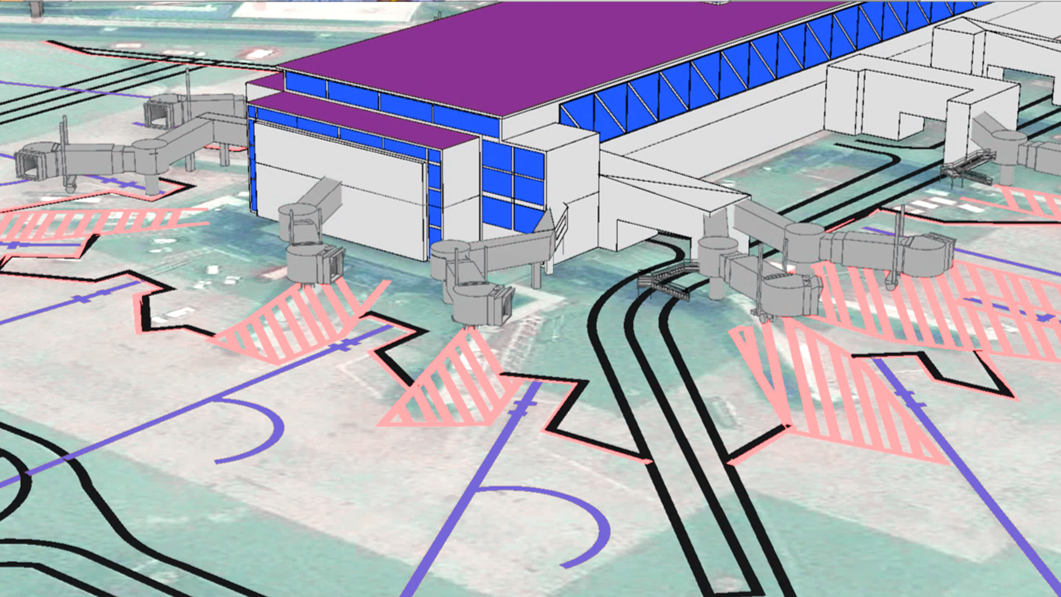 Ein 3D-Modell eines Flughafenterminals und des umgebenden Vorfeldes. Violette und blaue Akzente heben verschiedene Bereiche des Terminals hervor. Graue Fluggastbrücken erstrecken sich vom Terminal zu ausgewiesenen Bereichen auf dem Vorfeld, die mit rosa Streifen markiert sind. Schwarze und blaue Linien kennzeichnen Rollfelder und andere Markierungen auf dem Boden.