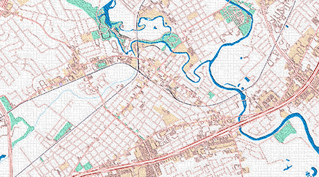 Ein Straßenkarte einer durch einen Fluss durchschnittenen Stadt
