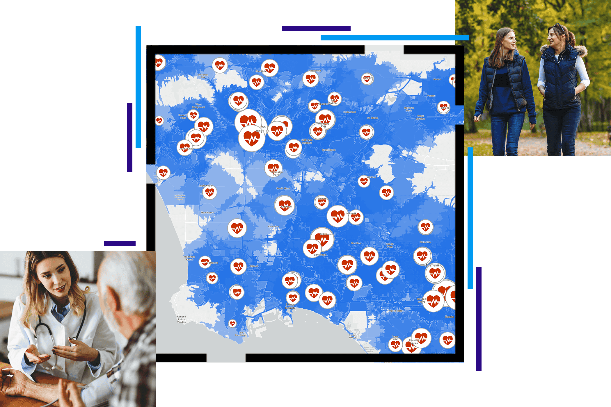 Eine Ärztin, die mit einem Patienten spricht, eine Karte mit Herzschlag-Symbolen für Datenpunkte und zwei Personen, die in einem Park spazieren gehen. 