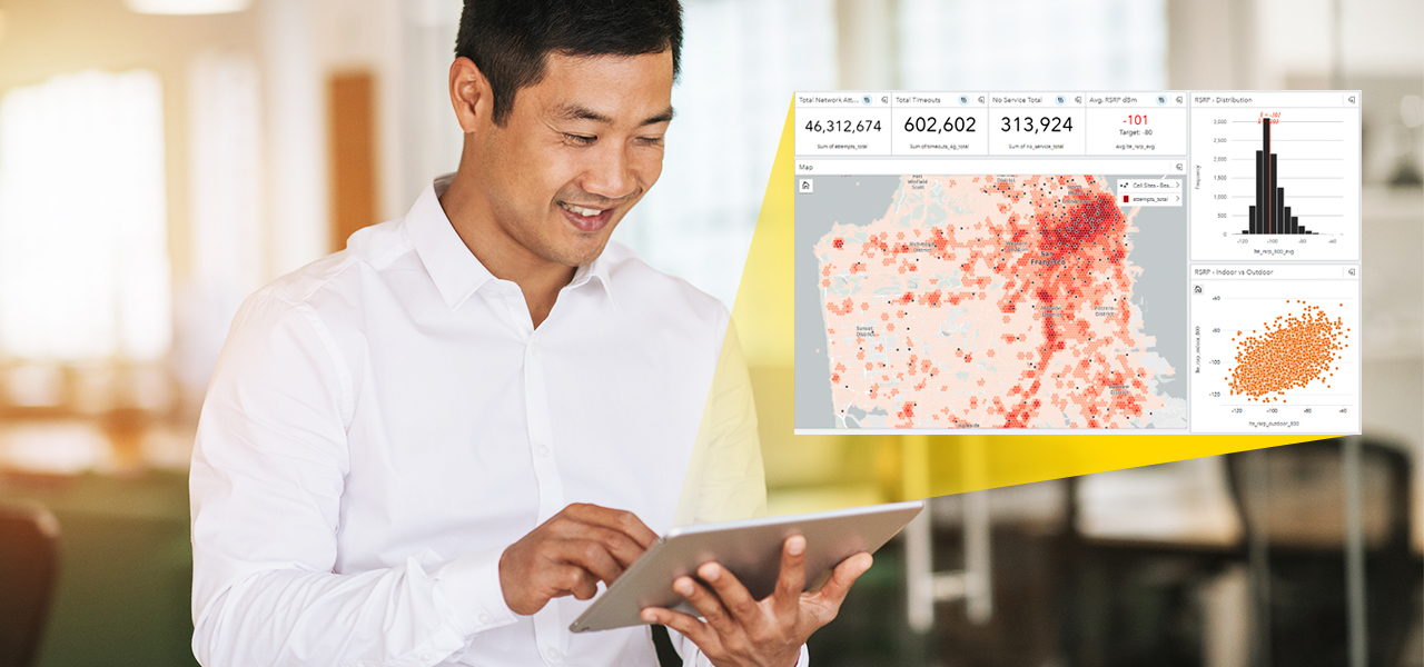 Zusammengesetztes Bild einer Person in einem sonnigen Büro, die ein weißes Hemd mit Kragen trägt und auf ein Tablet in ihren Händen lächelt, auf das ein Karten-Dashboard projiziert wird
